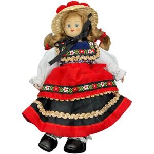 Vintage Folk Costume Doll Traditional Dress Straw Hat Red Black